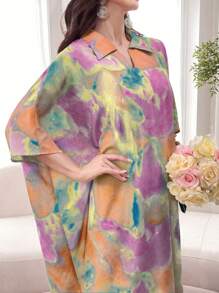 Al Najma Váy thường ngày tay ngắn rộng rãi cổ chữ V nhuộm loang màu, Xuân/Hè - Đỏ - Xem 8