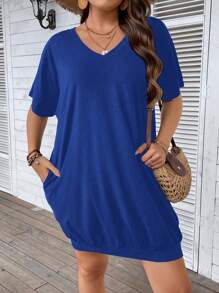 SHEIN LUNE Plus Size Solid Color Short Sleeve V-Neck Dress, Fashionable For Summer - Blue - View 1