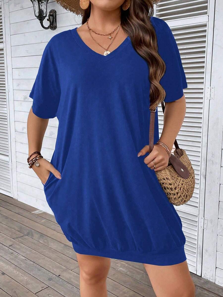 SHEIN LUNE Plus Size Solid Color Short Sleeve V-Neck Dress, Fashionable For Summer - Blue - View 1