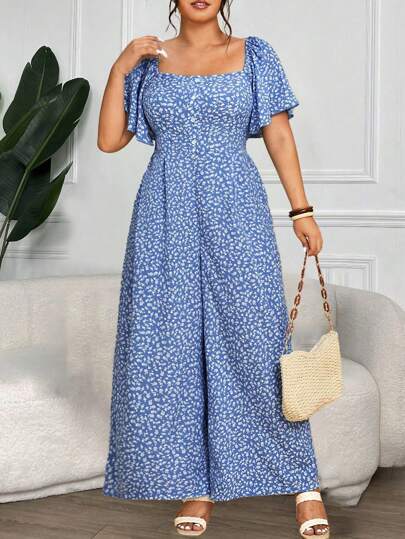 Flirla 大码女式方领前开扣荷叶边袖短袖直筒连体裤，优雅碎花可爱休闲度假法式风格