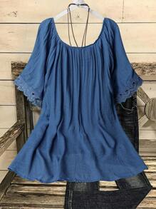 Linhara Plus Size Loose Casual Linen Patchwork Lace Trim Shirt - Blue - View 2