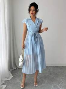 Chiquease Women Elegant Pleated V-Neck Flare A-Line Dress, Solid Color - Baby Blue - View 6