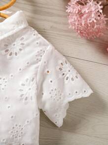 SHEIN Babygirl Shirt Top, Woven Short Sleeve Embroidered Collar Blouse, Suitable For Vacation, Outing, Countryside And More