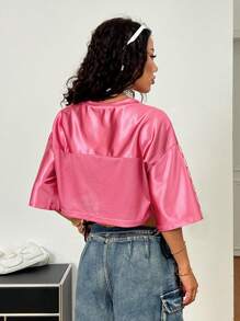 SHEIN Coolane Áo thun cổ chữ V rộng rãi họa tiết số Bonds thường ngày mặc dạo phố mùa hè dành cho nam và nữ - Màu Hồng Tươi - Xem 5