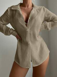 SHEIN Swim 1pc Plain Front Button Long Sleeve Casual Cover Up Kimono Suitable For Beach - Khaki - View 5