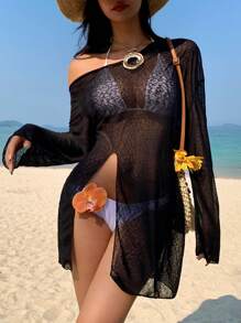 DAZY Women Textured Off Shoulder Split Cover Up Y2k,Beach Outfits Vacation - Black - View 6