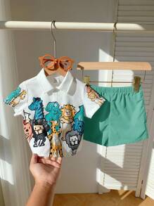 SHEIN Bộ 2 món/Bộ đồ cho bé trai/bé gái dễ thương họa tiết hoạt hình áo sơ mi tay ngắn và quần short kaki cạp chun, mùa hè - Nhiều màu - Xem 4