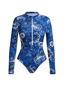 Swim Oasis 2pcs Elegant High-End Women Navy Blue Boho Print Long Sleeve Front Zipper One-Piece Modest Swimsuit & Coverup Set For Summer Beach Vacation - Multicolor - View 11
