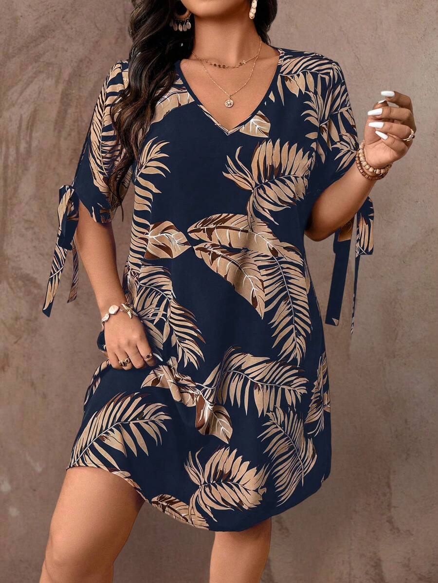 SHEIN Clasi Plus Size Women's V-Neck Feather Trim Tied Waist Vacation Dress - Navy Blue - View 1
