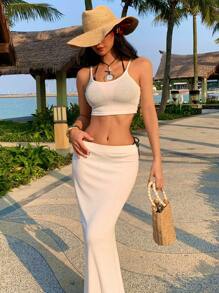 DAZY Set di abito lungo lavorato a maglia e coprispalle senza maniche, outfit da spiaggia e vacanza - Bianco - Visualizzare 2