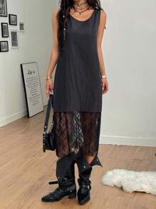 Comfortcana שמלה שחורה ארוכה, וינטג', בייסיק תחרה רופפת - שחור - ראה 6