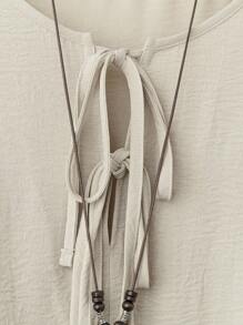 Linhara Plus Size Women's Tie Front Shirt & Printed Wide Leg Pants Casual Suit - Blue - View 5