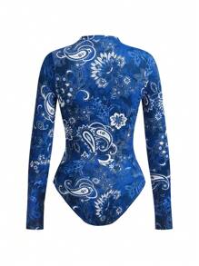 Swim Oasis 2pcs Elegant High-End Women Navy Blue Boho Print Long Sleeve Front Zipper One-Piece Modest Swimsuit & Coverup Set For Summer Beach Vacation - Multicolor - View 9