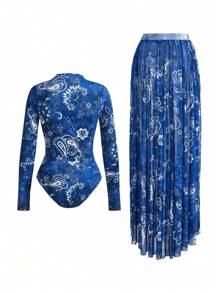 Swim Oasis 2pcs Elegant High-End Women Navy Blue Boho Print Long Sleeve Front Zipper One-Piece Modest Swimsuit & Coverup Set For Summer Beach Vacation - Multicolor - View 10