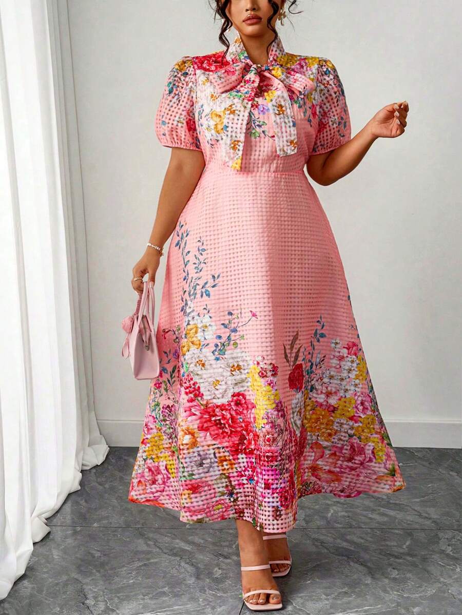 Elenzga 加大码女式宫廷风连衣裙，欧式美式时尚优雅蝴蝶结束腰泡泡袖喇叭长款花卉印花礼服 - 彩色 - 查看 1