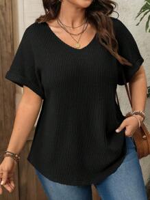 EMERY ROSE 大码女式蓝色V领罗纹拉绒宽松度假上衣日常休闲春夏春假 - 黑色 - 查看 6