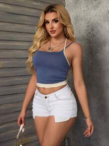 SHEIN SXY 休闲性感女式牛仔短裤 - 杏色 - 查看 3