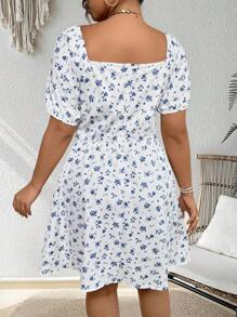 SHEIN Clasi Plus Size Square Neck Short Sleeve Dress, Fashionable For Summer - Blue and White - View 2