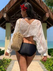 DAZY غطاء رومانسي فرنسي بياقة على شكل حرف V مزخرف بزهور ثلاثية الأبعاد من الدانتيل الشفاف بأكمام طويلة، أنيق ومتطور، ملابس نسائية للشاطئ والعطلات