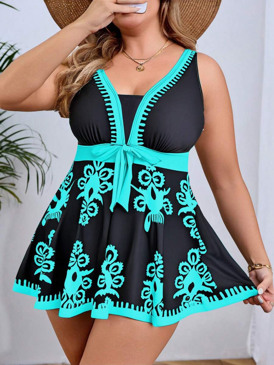 SHEIN Swim Curve 大码泳衣裙，细肩带，时尚，适合夏季 - 彩色 - 查看 1