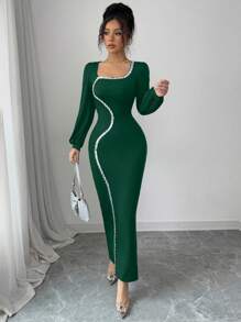 Modelyn Gaun Wanita Lengan Panjang Berkerah Persegi dengan Hiasan Pita Payet, Pakaian Musim Gugur untuk Wanita - Dark Green - View 7
