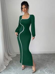 Modelyn Gaun Wanita Lengan Panjang Berkerah Persegi dengan Hiasan Pita Payet, Pakaian Musim Gugur untuk Wanita - Dark Green - View 4