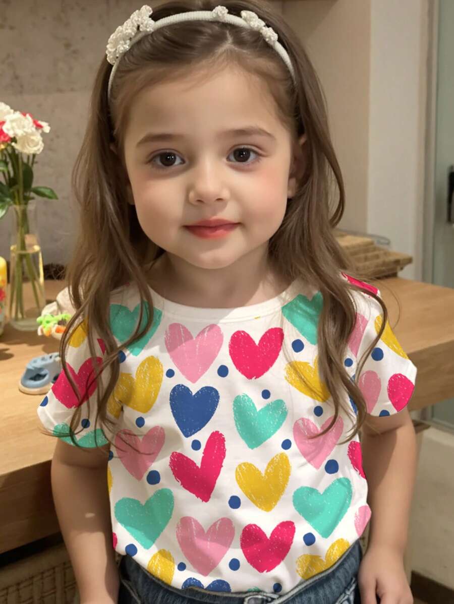 SHEIN 可爱甜美手绘彩色心形印花少女休闲简约圆领短袖T恤适合夏季 - 彩色 - 查看 1