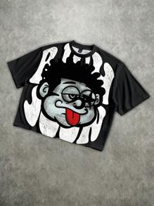 Manfinity EMRG Men's Street Loose Distressed Quirky Oversized Graphic Print Short T-Shirt Men's Cropped Tops, Men's Cropped Graphic Shirts, Graphic Tees Men Crop, Men Oversized Crop Printed, Oversized T Shirt Men Anime