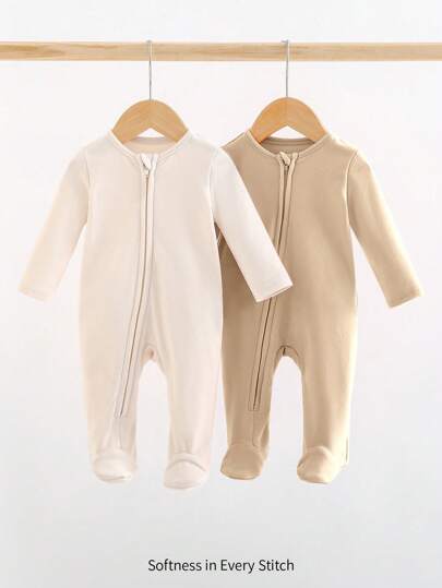 Cozy Pixies 新生男婴 2 件套纯色针织柔软圆领长袖连体衣配长裤，适合春夏秋冬，室内外穿着