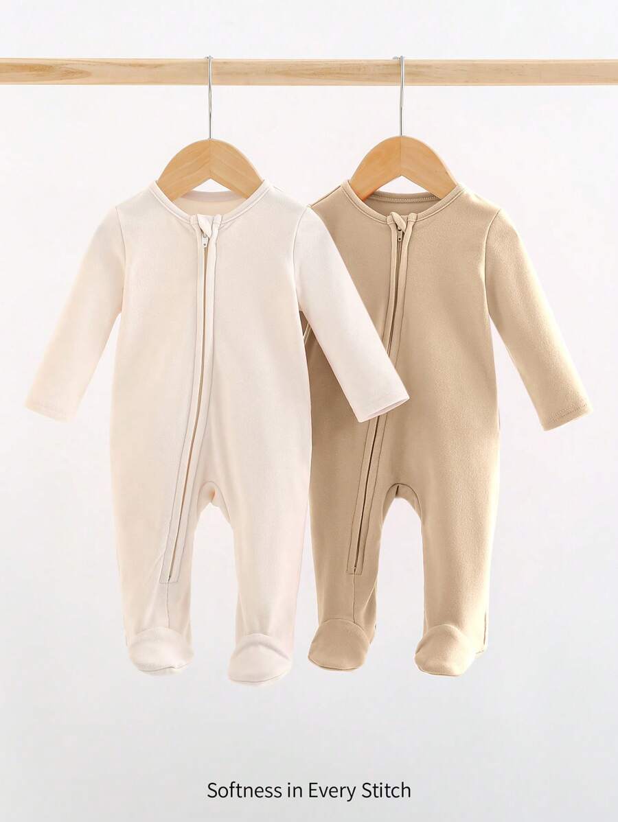Cozy Pixies 2 peças Conjunto de Macacão de Malha Sólida de Manga Longa com Gola Redonda Macia para Recém-Nascido Menino, Adequado para Primavera, Verão, Outono e Inverno, para Uso Interno e Externo - Caqui - Visão 1