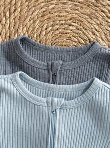 Loomiva 2pcs Set Newborn Baby Boy/Girl Solid Color Soft Knit Crew Neck Long Sleeve Romper With Footsies - Multicolor - View 5