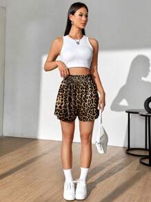 SHEIN MOOSTA Leopard Print Ruffle Waist Casual Shorts, Suitable For Summer - Multicolor - View 3