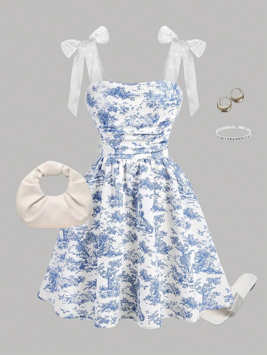 SHEIN Girlism Tween Girl Casual Cute Cinched Waist Sleeveless Bowknot Mini Dress - Blue - View 1