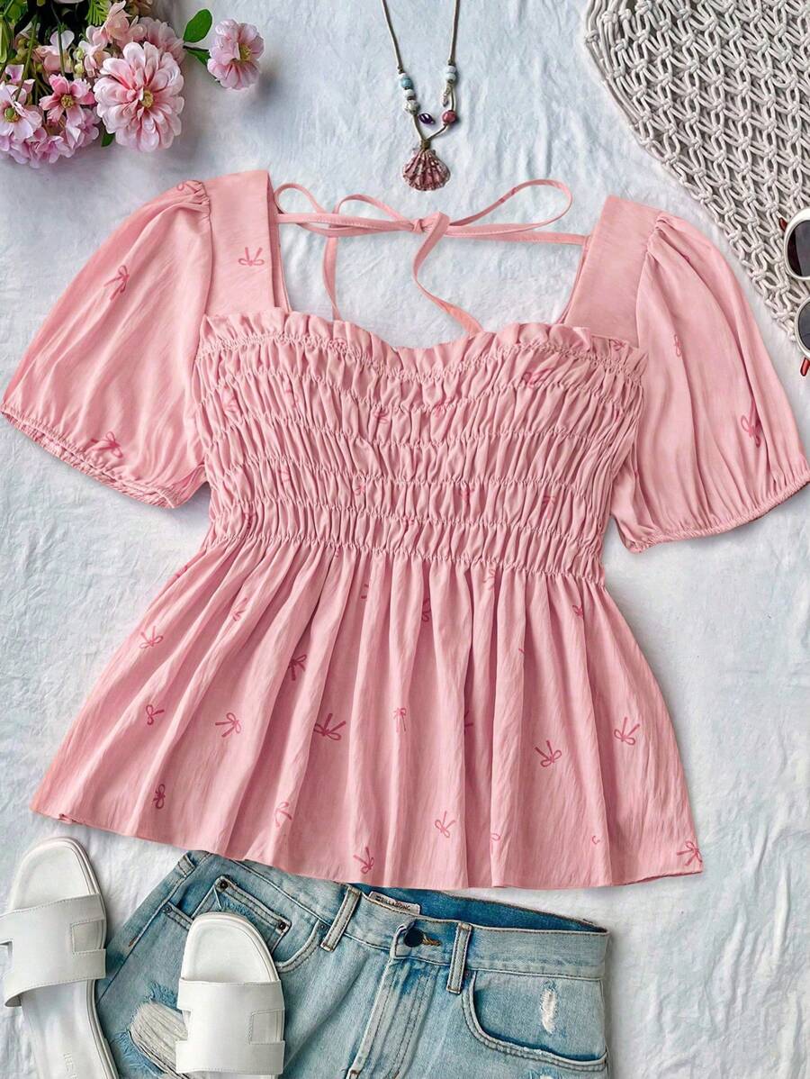 Flirla Camisa de talla grande con cuello redondo, textura, estampado de volantes con lazo en el busto, manga de farol, versátil para uso diario, escuela o vacaciones, primavera/verano - Multicolor - Ver 1