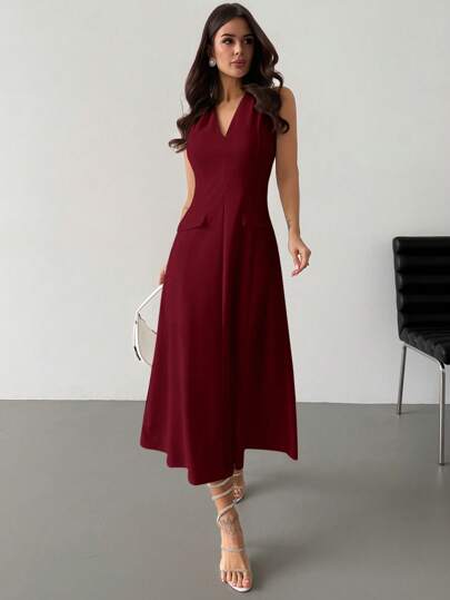 Firerie 女士优雅简约 V 领腰系 A 字中长连衣裙，适合日常工作穿着