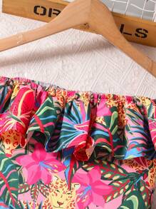 2pcs/Set Tween Girl Casual Tropical Print Ruffled Off Shoulder Crop Top & Long Skirt Set - Multicolor - View 6
