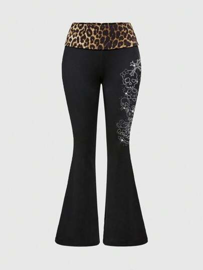 J-Fashion Women's Y2K Style Leopard Waistband, Cross, Cat, Rabbit, Skull Rhinestone Decor Flared Stretch Pants, Summer