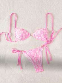 SHEIN Swim Women's Lace Material Pearl Decor Sexy Swimsuit For Summer Beach Vacation - Pink - View 3