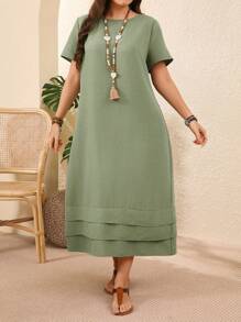 EMERY ROSE Plus Size Solid Color Short Sleeve Casual Vacation Dress Spring Outfits For Women Vacation Country Sage Green - Mint Green - View 4
