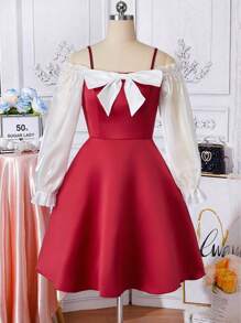 Vestido formal de manga larga con cuello en V, tirantes, parche, satín y organza, dobladillo con volantes y moño decorativo, adecuado para fiestas, bodas, San Valentín, niña de las flores, para adolescentes