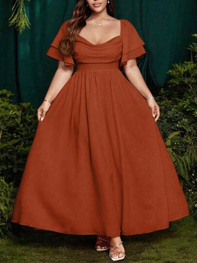 SHEIN Belle Vestido holgado de mujer talla grande de línea A con fruncidos en los hombros y volantes, vestido largo y fluido para fiesta, boda, vacaciones, estilo vintage