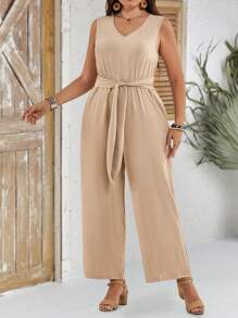EMERY ROSE Plus Size Summer Minimalist Solid Color V-Neck Textured Jumpsuit,Country Casual Vacation Outfits Woman,Simple And Fashionable For Everyday Wear,Summer Tops Women,Summer Outfits For Women,Vacation Outfits Woman Summer Outfits For Women Office Wear, Vacation Outfits Woman, Summer Outfits For Women Festival Boho,Holiday Outfit