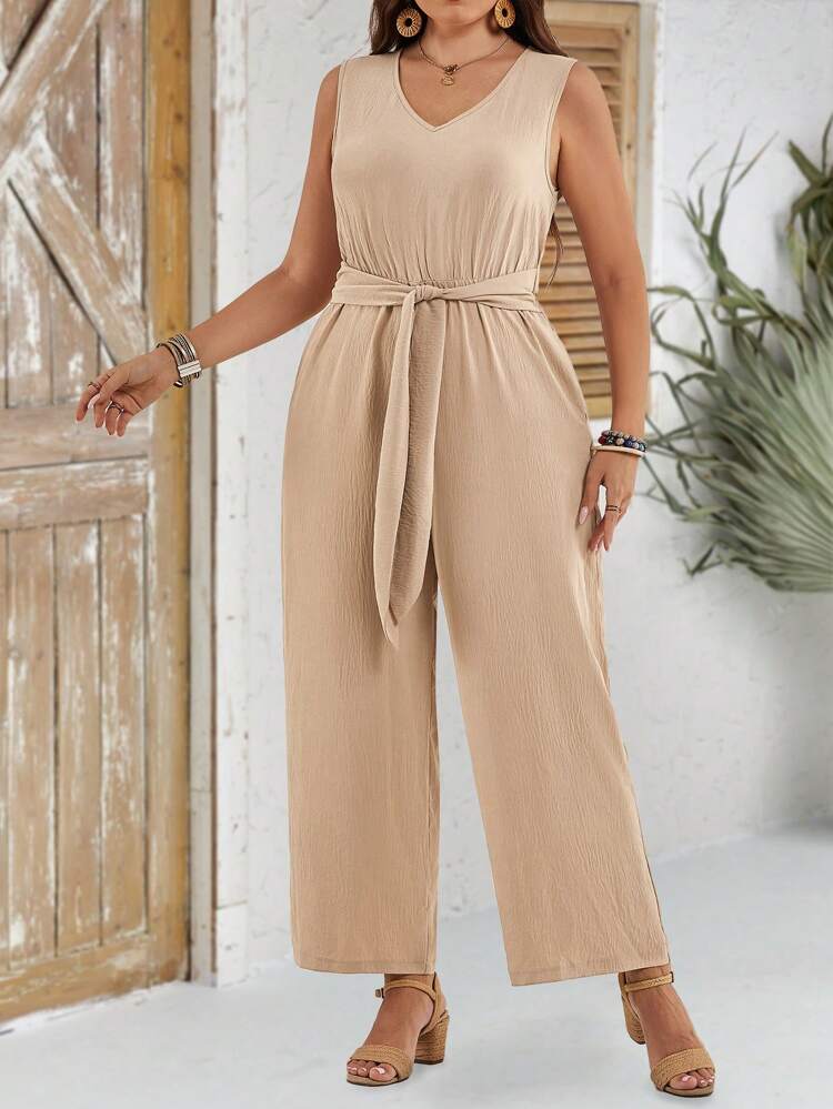Plus Size Summer Minimalist Khaki Solid Color V-Neck Textured Jumpsuit,Smart Casual Vacation Outfits For Women,Holiday Festival Boho Everyday Wear