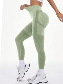 Gameset SHEIN Sport 女士高腰休闲健身瑜伽运动紧身裤 - 軍綠色 - 查看 4