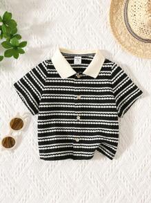 SHEIN Cute Striped Polo Short Sleeve Top For Babies, Summer Versatile - Black and White - View 6
