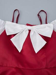 Vestido formal de manga larga con cuello en V, tirantes, parche, satín y organza, dobladillo con volantes y moño decorativo, adecuado para fiestas, bodas, San Valentín, niña de las flores, para adolescentes