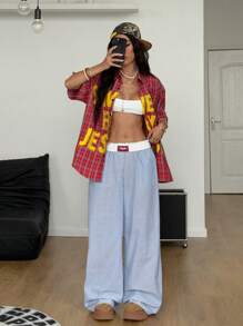 Coolane 女式条纹阔腿休闲裤 - 藍白色 - 查看 6