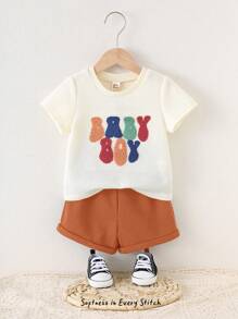 Cozy Pixies 2pcs Baby Boy Letter Pattern Soft Knit Crew Neck Short Sleeve Top And Elastic Waist Shorts Set - Multicolor - View 4