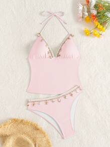 Swim Mod 全新欧美风格重磅装饰贝壳性感蓝色细肩带上衣和比基尼套装修身款适合游泳、海滩度假、女士两件套泳衣