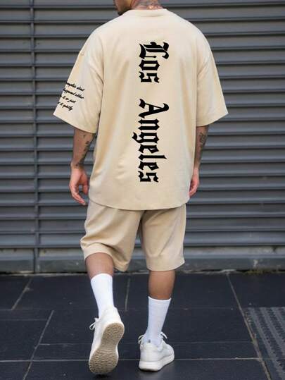 Manfinity LEGND 2pcs Men Plus Size "Los Angeles" Gothic Font Graphic T-Shirt And Drawstring Shorts Set, Casual Summer Outfit